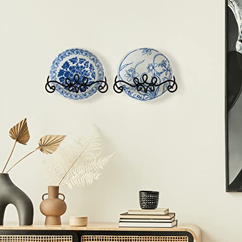 MyGift Wall Mounted Collectible Plate Display Holder Rack with Vintage Black Metal Decorative Scrollwork Design, Set of 2