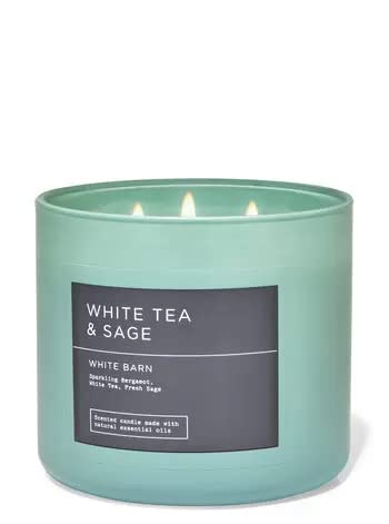 Bath & Body Works, White Barn 3-Wick Candle w/Essential Oils - 14.5 oz - 2022 Spring Scents! (White Tea & Sage)