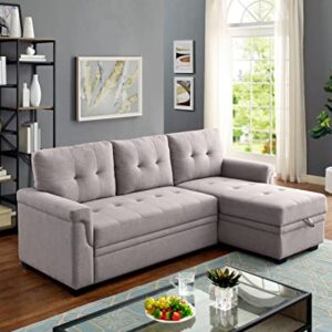 Oadeer Home 86" Reversible Sleeper Sofa with Chaise Storage Sectional, Light Gray