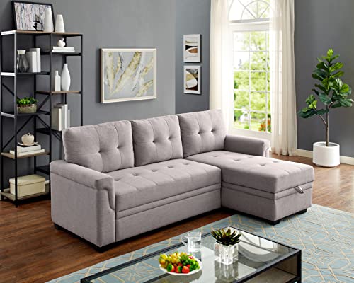 Oadeer Home 86" Reversible Sleeper Sofa with Chaise Storage Sectional, Light Gray