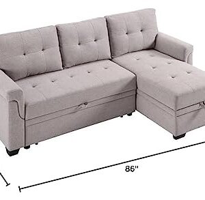 Oadeer Home 86" Reversible Sleeper Sofa with Chaise Storage Sectional, Light Gray