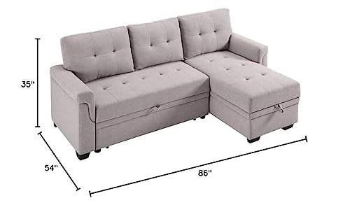 Oadeer Home 86" Reversible Sleeper Sofa with Chaise Storage Sectional, Light Gray