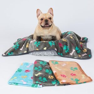 Luciphia 1 Pack 3 Blankets Fluffy Premium Fleece Pet Blanket Flannel Paw Bone Printed Throw for Dog Cat(Small 23x16'', Grey/Brown/Blue)