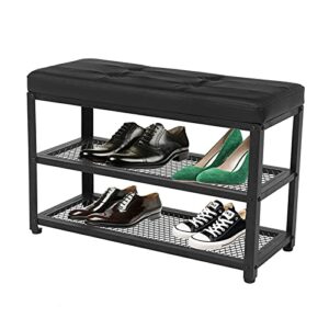 na with soft cushion stool three-layer shoes stool frame 3-layer shoe rack for entrance pu leather metal frame suitable for living room corridor 70 × 30 × 45cm black