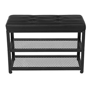 NA with Soft Cushion Stool Three-Layer Shoes Stool Frame 3-Layer Shoe Rack for Entrance PU Leather Metal Frame Suitable for Living Room Corridor 70 × 30 × 45cm Black