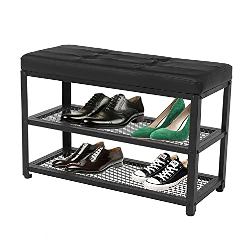 NA with Soft Cushion Stool Three-Layer Shoes Stool Frame 3-Layer Shoe Rack for Entrance PU Leather Metal Frame Suitable for Living Room Corridor 70 × 30 × 45cm Black