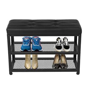 NA with Soft Cushion Stool Three-Layer Shoes Stool Frame 3-Layer Shoe Rack for Entrance PU Leather Metal Frame Suitable for Living Room Corridor 70 × 30 × 45cm Black