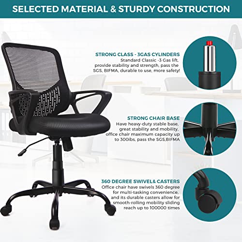 Home Office Chair Ergonomic Computer Desk Chair Mesh Mid-Back Height Adjustable Swivel Chair with Armrest, Black