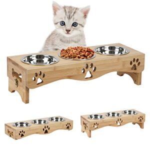 JAZUIHA Elevated Cat Bowls, Raised Cat Food Bowl Set Stainless Pet Dishes Feeder with Wooden Stand, Food and Water Bowl for Cat and Small Dog (Wood Color)