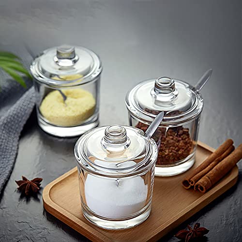 Frcctre Set of 2 Glass Sugar Bowl, 6 Ounces Clear Sugar Jar with Spoon and Lid, Salt Spice Pepper Bowl Seasoning Jar Condiment Pots Dispenser Container for Home Kitchen Coffee Bar