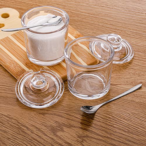 Frcctre Set of 2 Glass Sugar Bowl, 6 Ounces Clear Sugar Jar with Spoon and Lid, Salt Spice Pepper Bowl Seasoning Jar Condiment Pots Dispenser Container for Home Kitchen Coffee Bar