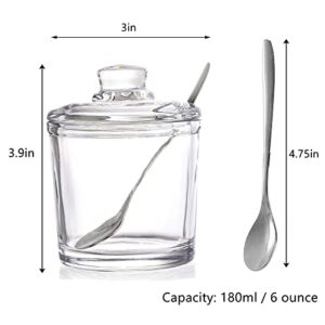 Frcctre Set of 2 Glass Sugar Bowl, 6 Ounces Clear Sugar Jar with Spoon and Lid, Salt Spice Pepper Bowl Seasoning Jar Condiment Pots Dispenser Container for Home Kitchen Coffee Bar