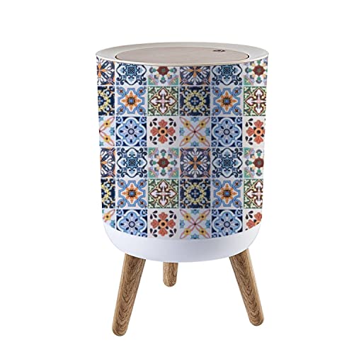 Small Trash Can with Lid Colorful Vintage Ceramic Tiles Wall Decoration Turkish Ceramic Tiles 7 Liter Round Garbage Can Elasticity Press Cover Lid Wastebasket for Kitchen Bathroom Office 1.8 Gallon