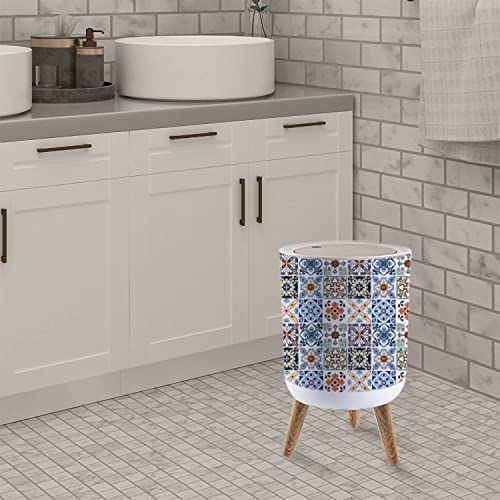 Small Trash Can with Lid Colorful Vintage Ceramic Tiles Wall Decoration Turkish Ceramic Tiles 7 Liter Round Garbage Can Elasticity Press Cover Lid Wastebasket for Kitchen Bathroom Office 1.8 Gallon