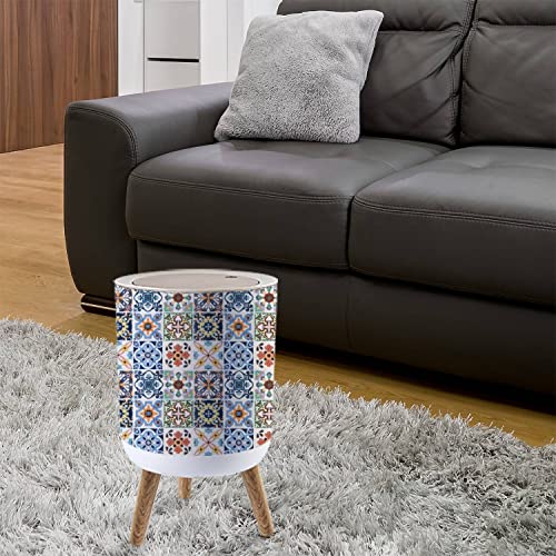 Small Trash Can with Lid Colorful Vintage Ceramic Tiles Wall Decoration Turkish Ceramic Tiles 7 Liter Round Garbage Can Elasticity Press Cover Lid Wastebasket for Kitchen Bathroom Office 1.8 Gallon