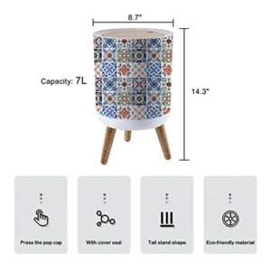 Small Trash Can with Lid Colorful Vintage Ceramic Tiles Wall Decoration Turkish Ceramic Tiles 7 Liter Round Garbage Can Elasticity Press Cover Lid Wastebasket for Kitchen Bathroom Office 1.8 Gallon