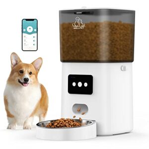 automatic dog and cat feeder, wellpet wifi-enabled smart cat food dispenser, automatic dog food dispenser with app remote control part, cat feeder with low food alarm, dual power supply