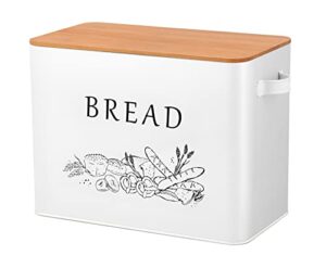 teamfar bread box with wooden lid, 13.1” x 7.2” x 9.7” metal bread container storage holder for family farmhouse kitchen countertop, powder-coated & healthy, large capacity & classic pattern (white)