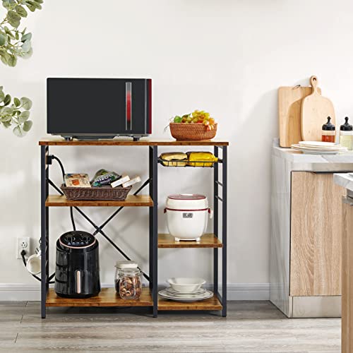 SUPERJARE Kitchen Bakers Rack with Power Outlet, Coffee Bar Table Station, Microwave Stand with 6 S-Shaped Hooks, Wire Basket, Storage Shelf - Rustic Brown