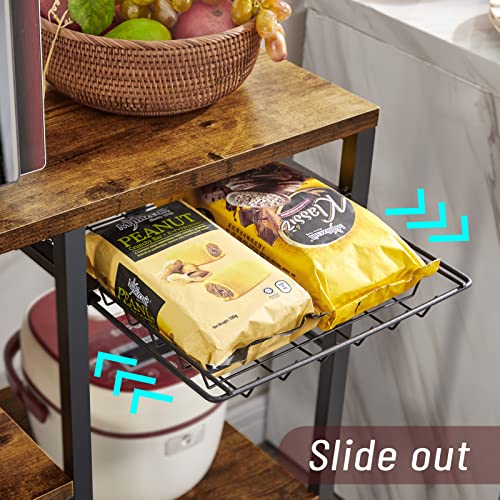 SUPERJARE Kitchen Bakers Rack with Power Outlet, Coffee Bar Table Station, Microwave Stand with 6 S-Shaped Hooks, Wire Basket, Storage Shelf - Rustic Brown