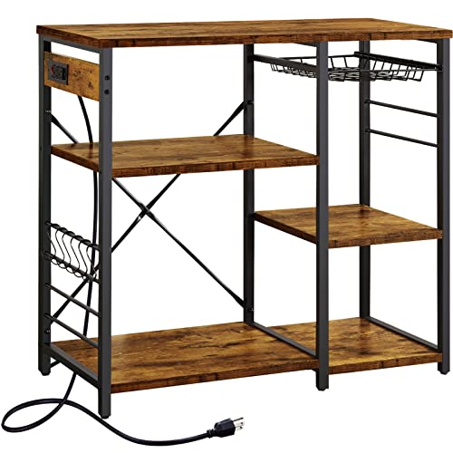 SUPERJARE Kitchen Bakers Rack with Power Outlet, Coffee Bar Table Station, Microwave Stand with 6 S-Shaped Hooks, Wire Basket, Storage Shelf - Rustic Brown