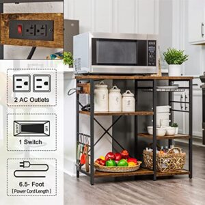 SUPERJARE Kitchen Bakers Rack with Power Outlet, Coffee Bar Table Station, Microwave Stand with 6 S-Shaped Hooks, Wire Basket, Storage Shelf - Rustic Brown