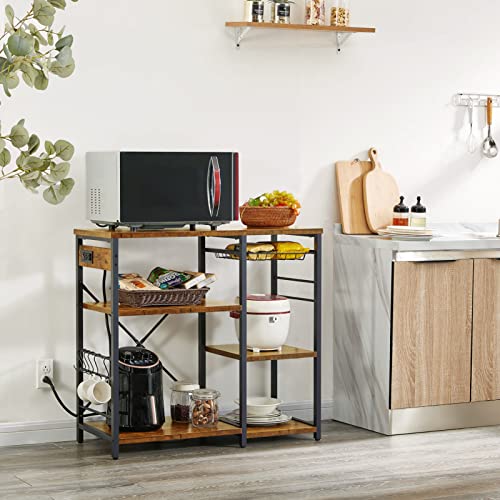 SUPERJARE Kitchen Bakers Rack with Power Outlet, Coffee Bar Table Station, Microwave Stand with 6 S-Shaped Hooks, Wire Basket, Storage Shelf - Rustic Brown