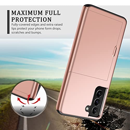 SAMONPOW for Samsung Galaxy S22 Case, Galaxy S22 Case with Card Holder Wallet Case Shockproof Silicone TPU Hard PC Dual Layer Protective Case Compatible with Samsung Galaxy S22 5G 6.1inch Rose Gold