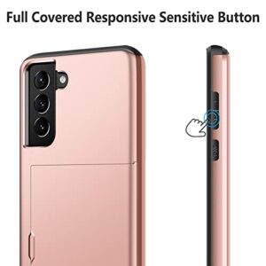 SAMONPOW for Samsung Galaxy S22 Case, Galaxy S22 Case with Card Holder Wallet Case Shockproof Silicone TPU Hard PC Dual Layer Protective Case Compatible with Samsung Galaxy S22 5G 6.1inch Rose Gold