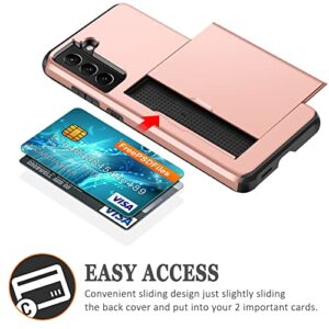 SAMONPOW for Samsung Galaxy S22 Case, Galaxy S22 Case with Card Holder Wallet Case Shockproof Silicone TPU Hard PC Dual Layer Protective Case Compatible with Samsung Galaxy S22 5G 6.1inch Rose Gold