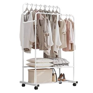 befacai clothing garment rack with shelves, upgraded length cloth hanger rack stand on wheels, clothes drying rack with two rod(31.5inch white)