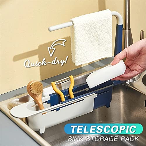 FBrand Updated Telescopic Sink Storage Rack, Adjustable Length Drainer Sink Storage Tray Sponge Soap Holder with Dishcloth Hanger Expandable Storage Drain Basket for Home Kitchen (Black)