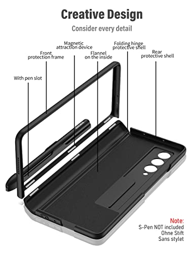 KumWum Phone Case for Samsung Galaxy Z Fold 3 5G Hinge Protection with S Pen Slot Full Body Cover Ultra Thin Built-in Kickstand - Black