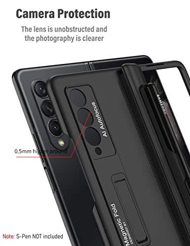 KumWum Phone Case for Samsung Galaxy Z Fold 3 5G Hinge Protection with S Pen Slot Full Body Cover Ultra Thin Built-in Kickstand - Black