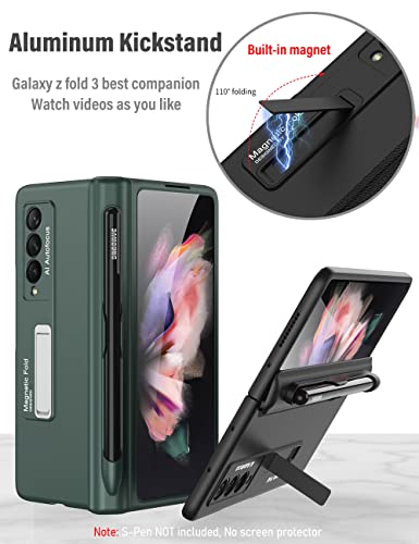 KumWum Phone Case for Samsung Galaxy Z Fold 3 5G Hinge Protection with S Pen Slot Full Body Cover Ultra Thin Built-in Kickstand - Black