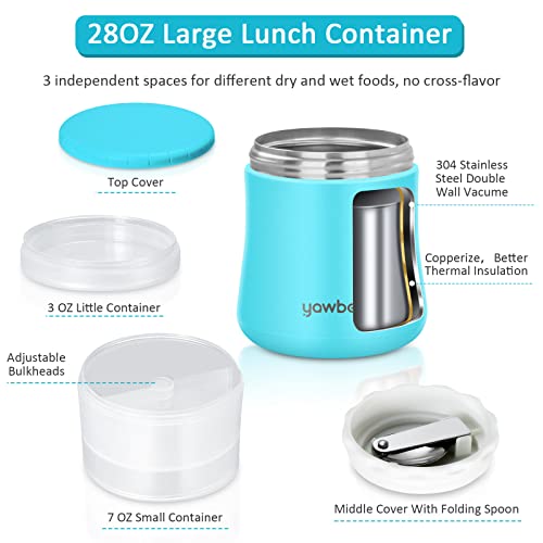 Thermos For Hot Food, Yogurt Container, 2 In 1 Insulated Food Jar To Separate Dry Wet Food, 28OZ Soup Thermos For Adults, Cereal To Go Container, Stainless Steel Vacuum Lunch Thermal With Spoon (Blue)