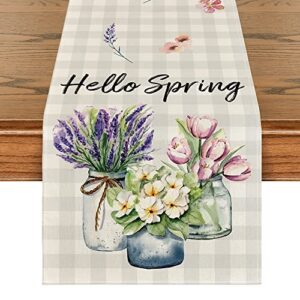artoid mode buffalo plaid lavender vase hello spring table runner, easter summer seasonal anniversary holiday kitchen dining table decoration for indoor outdoor home party decor 13 x 72 inch