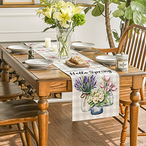 Artoid Mode Buffalo Plaid Lavender Vase Hello Spring Table Runner, Easter Summer Seasonal Anniversary Holiday Kitchen Dining Table Decoration for Indoor Outdoor Home Party Decor 13 x 72 Inch