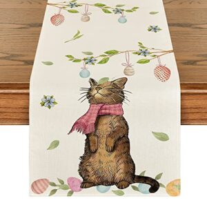 artoid mode cat branches leaves heart eggs easter table runner, spring summer seasonal holiday kitchen dining table decoration for indoor outdoor home party decor 13 x 72 inch
