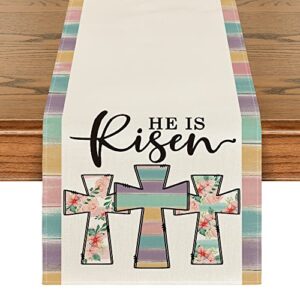 artoid mode cross he is risen easter table runner, spring summer seasonal holiday kitchen dining table decoration for indoor outdoor home party decor 13 x 72 inch