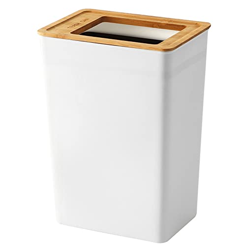 Doyingus Slim Trash Can 2.3 Gal, Small Wastebasket with Bamboo Lid Rectangular Plastic Garbage Can for Bathroom, Bedroom, Kitchen, Office, Living Room