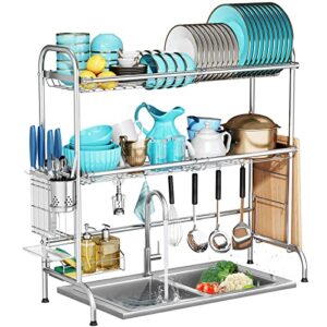 moukabal over the sink dish drying rack, over sink dish drying rack with 2 tier utensil holder,large stainless steel dish racks for kitchen counter(fit≤33" sink)