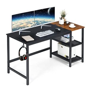 tangkula 59 inch home office computer desk with 2 tier storage shelves, industrial study writing desk with headphone hook, large simple laptop pc desk with splice board & steel frame, gaming desk