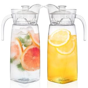 elsjoy 2 pack 42 oz acrylic pitcher with lid and spout, clear water pitcher unbreakable beverage container for fridge, iced tea, lemonade, juice, milk