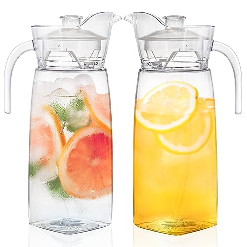 Elsjoy 2 Pack 42 Oz Acrylic Pitcher with Lid and Spout, Clear Water Pitcher Unbreakable Beverage Container for Fridge, Iced Tea, Lemonade, Juice, Milk