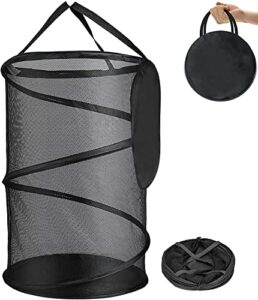 collapsible mesh popup laundry hamper, foldable dirty clothes basket w/strong carry handles/solid bottom/high carbon steel frame/storage bag, great for kids room/college dorm/travel, round, black