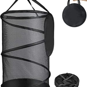 Collapsible Mesh Popup Laundry Hamper, Foldable Dirty Clothes Basket w/Strong Carry Handles/Solid Bottom/High Carbon Steel Frame/Storage Bag, Great for Kids Room/College Dorm/Travel, Round, Black