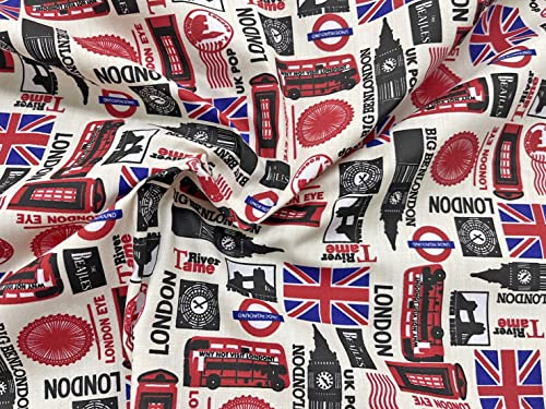 AMORNPHAN 45 Inch London British Big Ben Bus Great England United Kingdom UK England Flag Country Printed Cotton Fabric for Patchwork Needlework DIY Handmade Sewing Crafting Home Decoration For 1 Yard