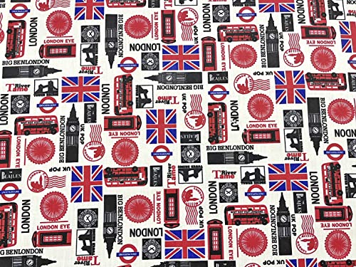 AMORNPHAN 45 Inch London British Big Ben Bus Great England United Kingdom UK England Flag Country Printed Cotton Fabric for Patchwork Needlework DIY Handmade Sewing Crafting Home Decoration For 1 Yard