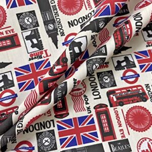 AMORNPHAN 45 Inch London British Big Ben Bus Great England United Kingdom UK England Flag Country Printed Cotton Fabric for Patchwork Needlework DIY Handmade Sewing Crafting Home Decoration For 1 Yard